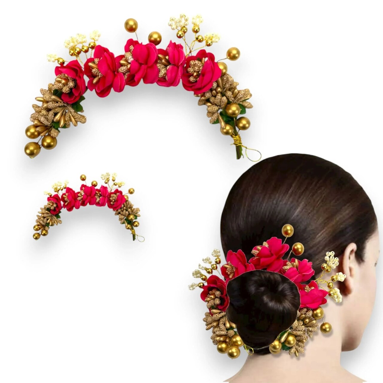 Designer Rose Gajra Traditional Indian Hair Accessory Artificial Flower Jewelry Handmade Veni Tiara for Women Party Wear Bridal Mehndi Hair Bun Classical Dance Jewelry